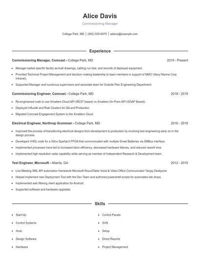 Commissioning Manager Resume