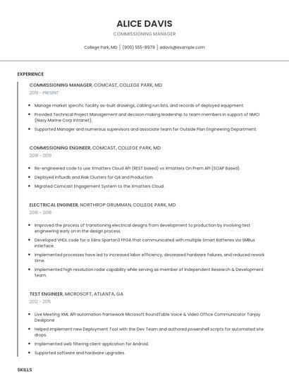 Commissioning Manager Resume