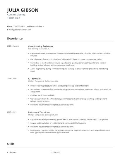 Commissioning Technician Resume