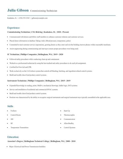 Commissioning Technician Resume