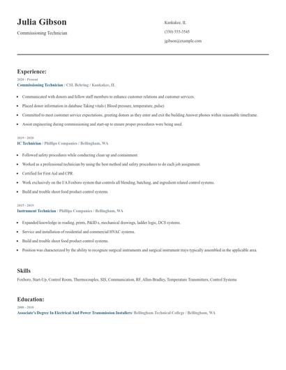 Commissioning Technician Resume