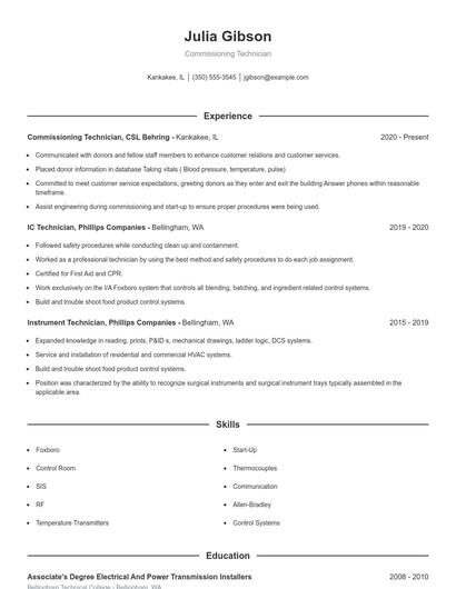 Commissioning Technician Resume