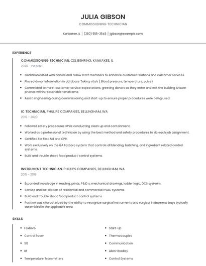 Commissioning Technician Resume