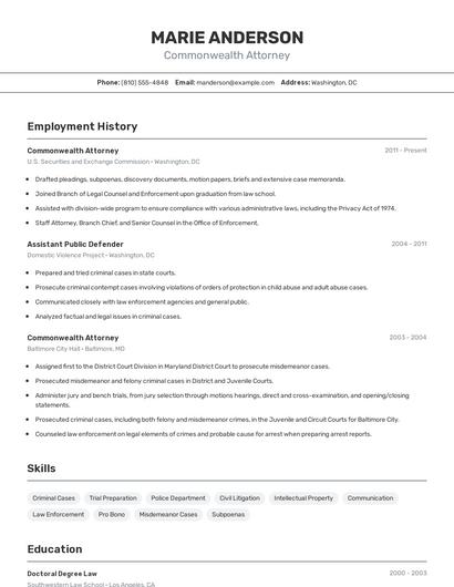 Commonwealth Attorney Resume
