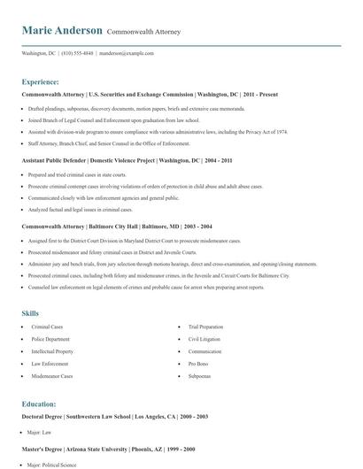 Commonwealth Attorney Resume