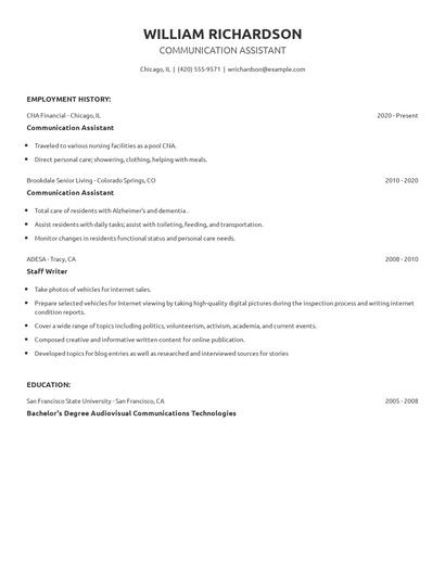 Communication Assistant Resume