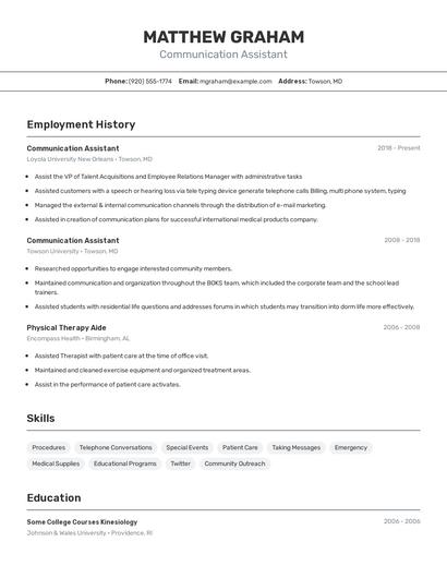 Communication Assistant Resume