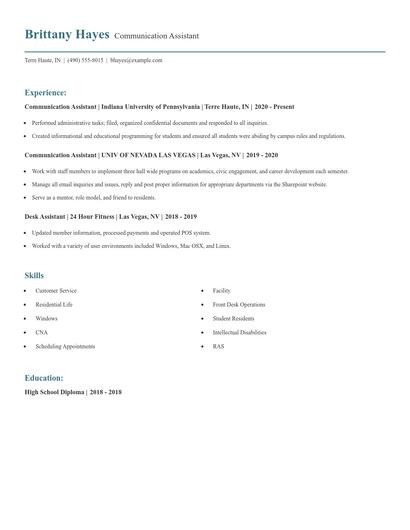 Communication Assistant Resume