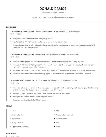 Communication Assistant Resume