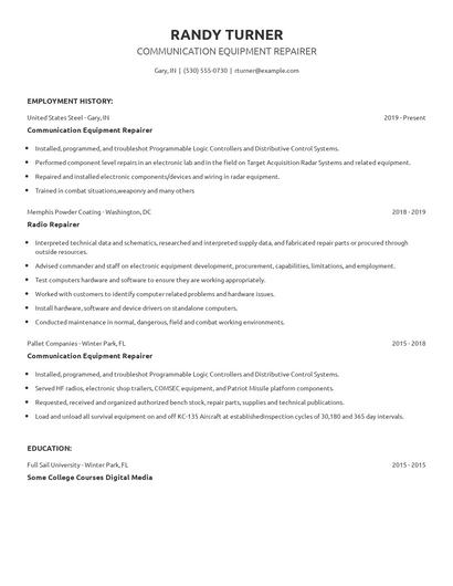 Communication Equipment Repairer Resume