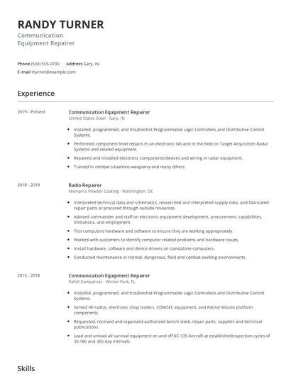 Communication Equipment Repairer Resume
