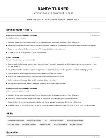 Communication Equipment Repairer Resume