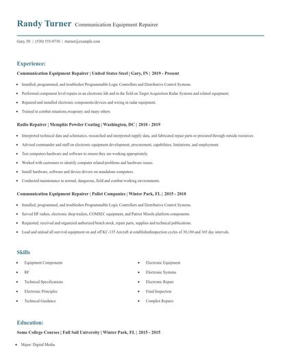 Communication Equipment Repairer Resume