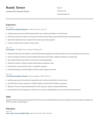 Communication Equipment Repairer Resume