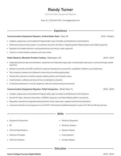 Communication Equipment Repairer Resume