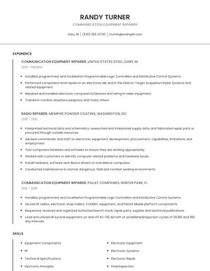 Communication Equipment Repairer Resume