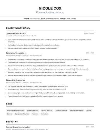 Communication Lecturer Resume