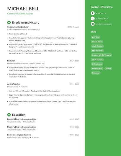 Communication Lecturer Resume