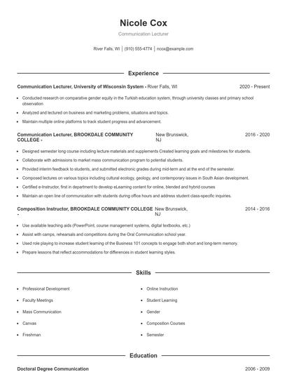 Communication Lecturer Resume
