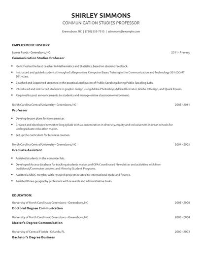 Communication Studies Professor Resume