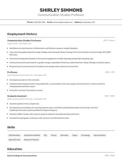 Communication Studies Professor Resume