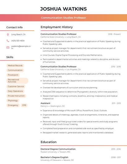 Communication Studies Professor Resume