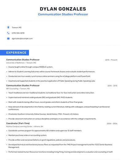 Communication Studies Professor Resume