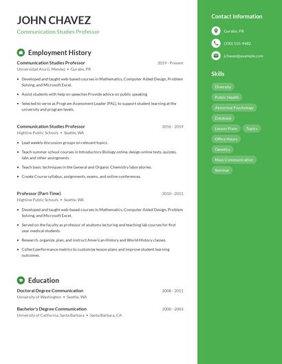 Communication Studies Professor Resume