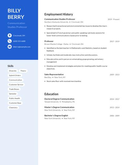 Communication Studies Professor Resume