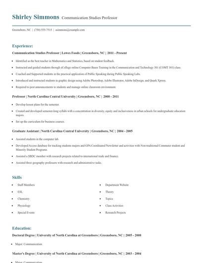 Communication Studies Professor Resume