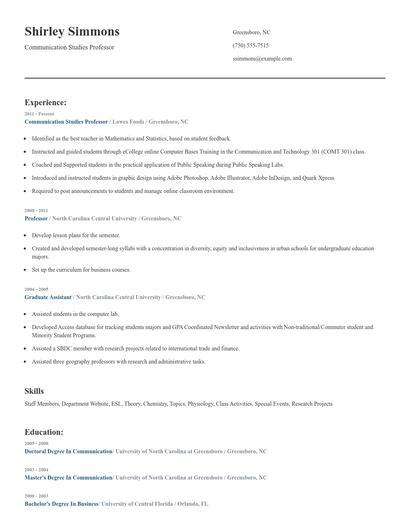 Communication Studies Professor Resume