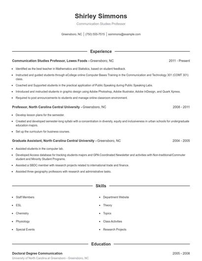 Communication Studies Professor Resume