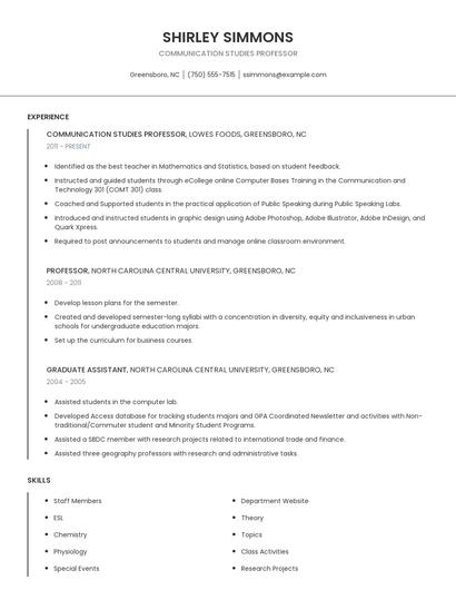Communication Studies Professor Resume