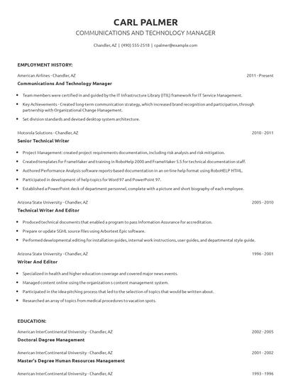 Communications And Technology Manager Resume