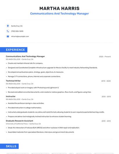 Communications And Technology Manager Resume