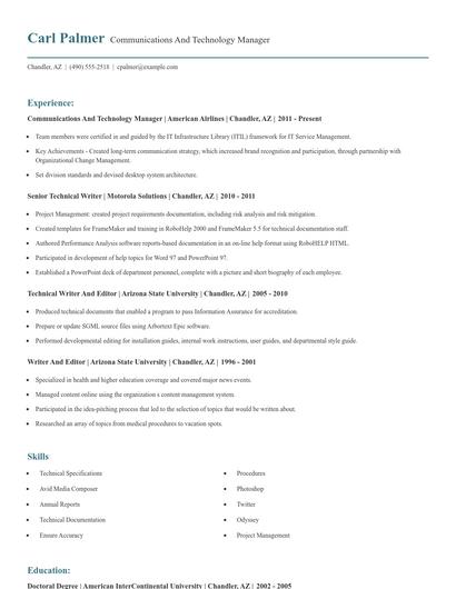 Communications And Technology Manager Resume