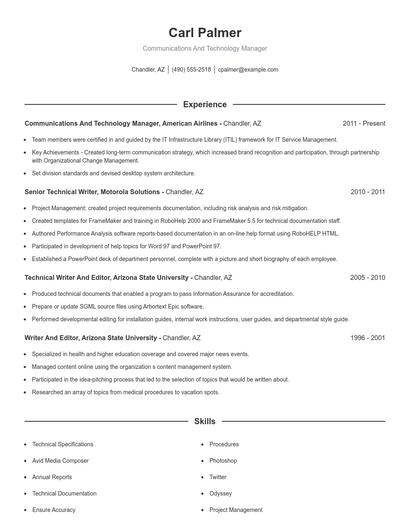 Communications And Technology Manager Resume