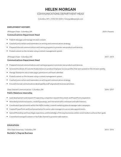 Communications Department Head Resume