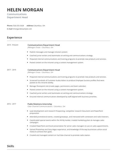 Communications Department Head Resume