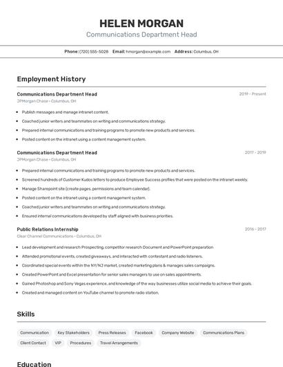 Communications Department Head Resume