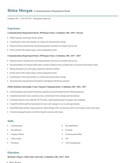 Communications Department Head Resume