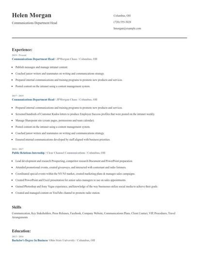 Communications Department Head Resume