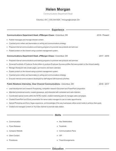 Communications Department Head Resume