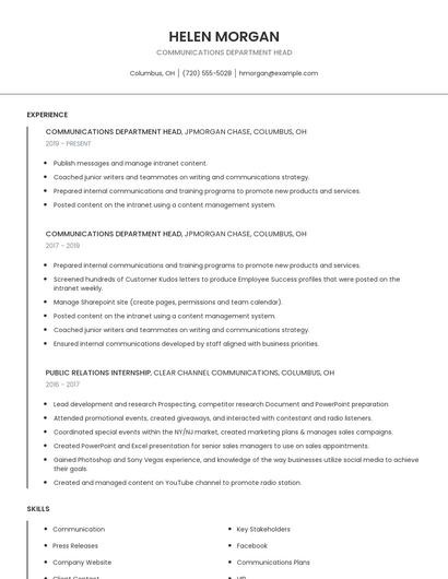 Communications Department Head Resume