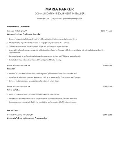 Communications Equipment Installer Resume