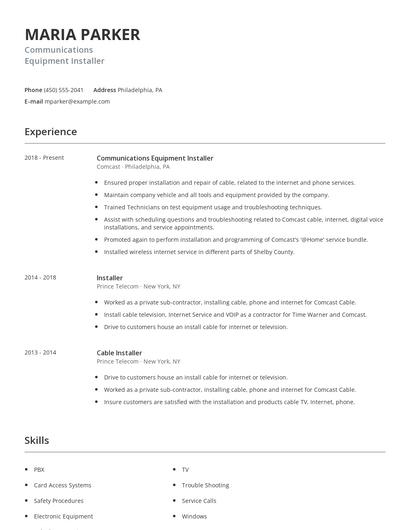 Communications Equipment Installer Resume