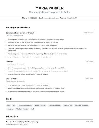 Communications Equipment Installer Resume