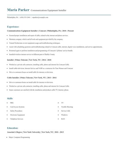 Communications Equipment Installer Resume