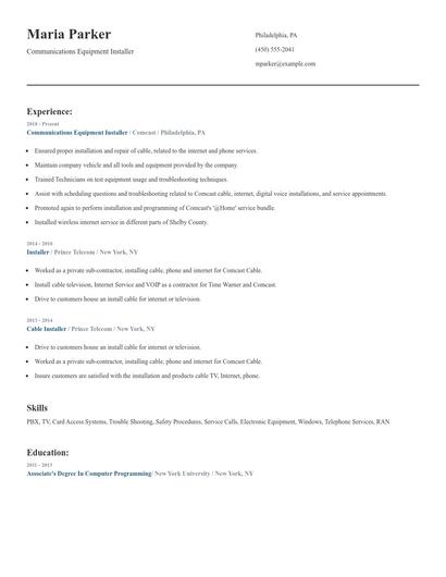 Communications Equipment Installer Resume