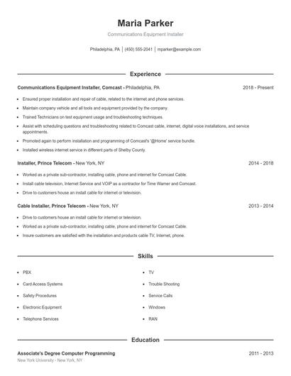 Communications Equipment Installer Resume